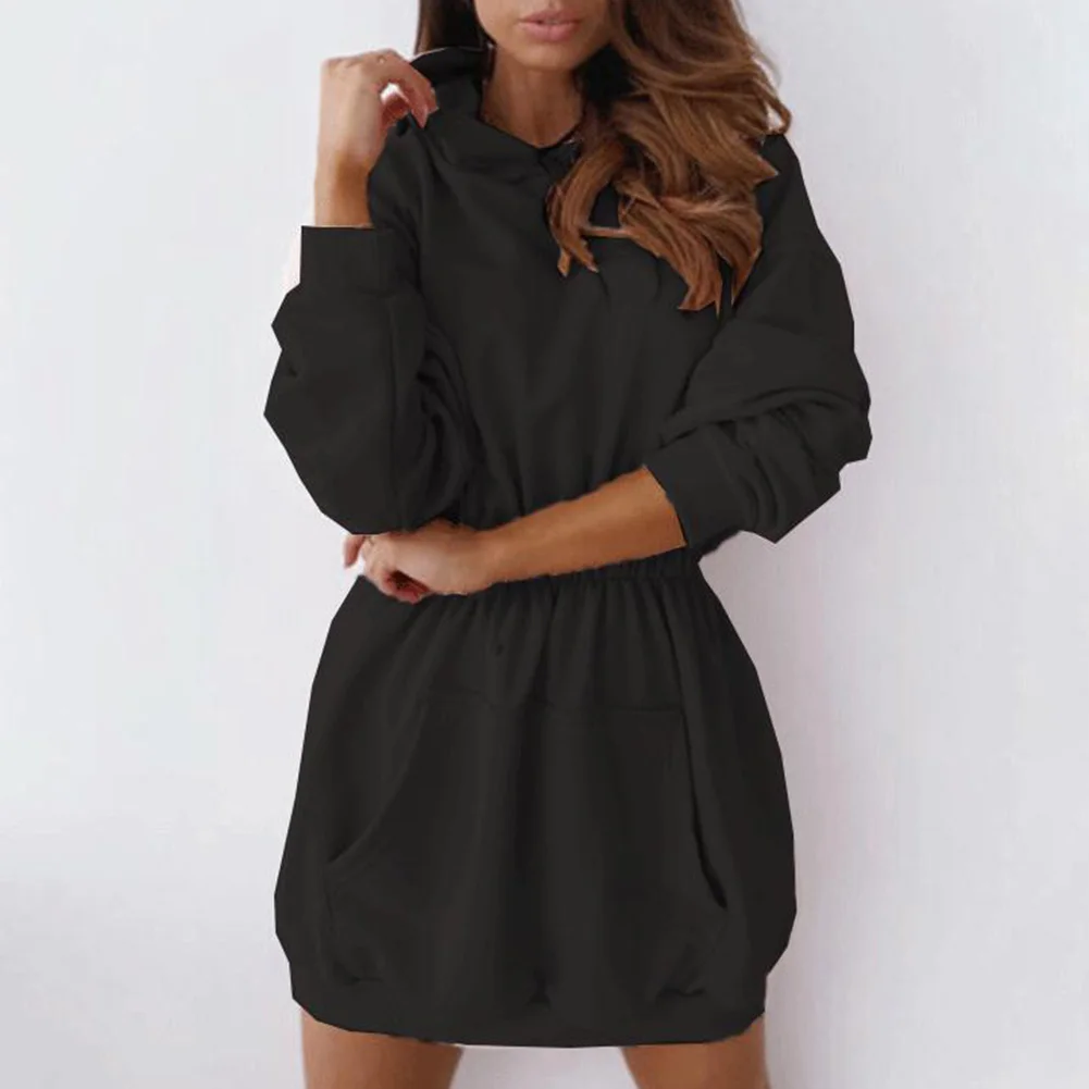 Женское повседневное зимнее однотонное платье-пуловер с капюшоном и длинным