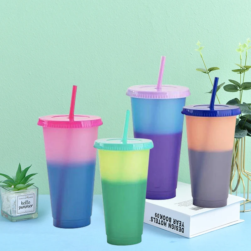 

700ml Straw Cup With Lid Color Changing Coffee Cup Reusable Cups Plastic Lightweight Travel Water Bottle With Straw