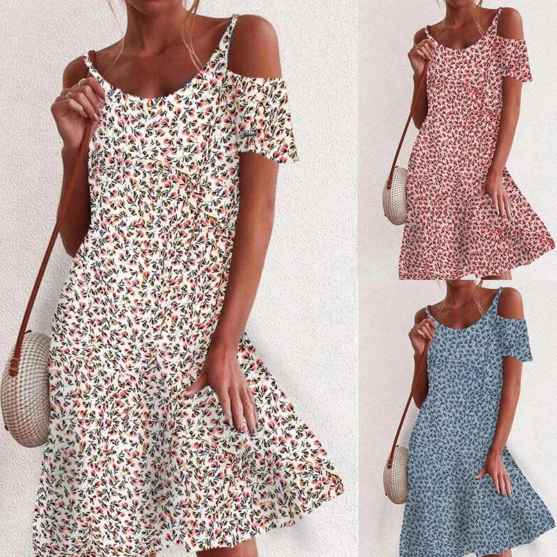 

2021 Women Summer Dress Sexy Off Shoulder Short Sleeve Floral Boho Beach Dresses Casual Loose A-line Vintage Plus Size Vestidos