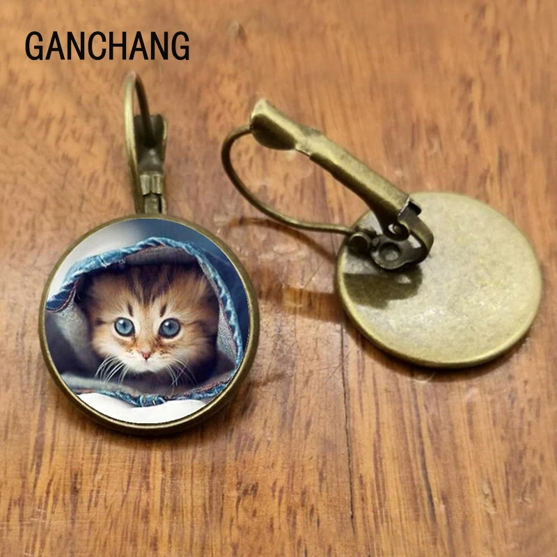 Стеклянные черные и белые серьги с двумя котами женские модные серьги, индивидуальный заказ / новые ювелирные изделия серебро/бронза