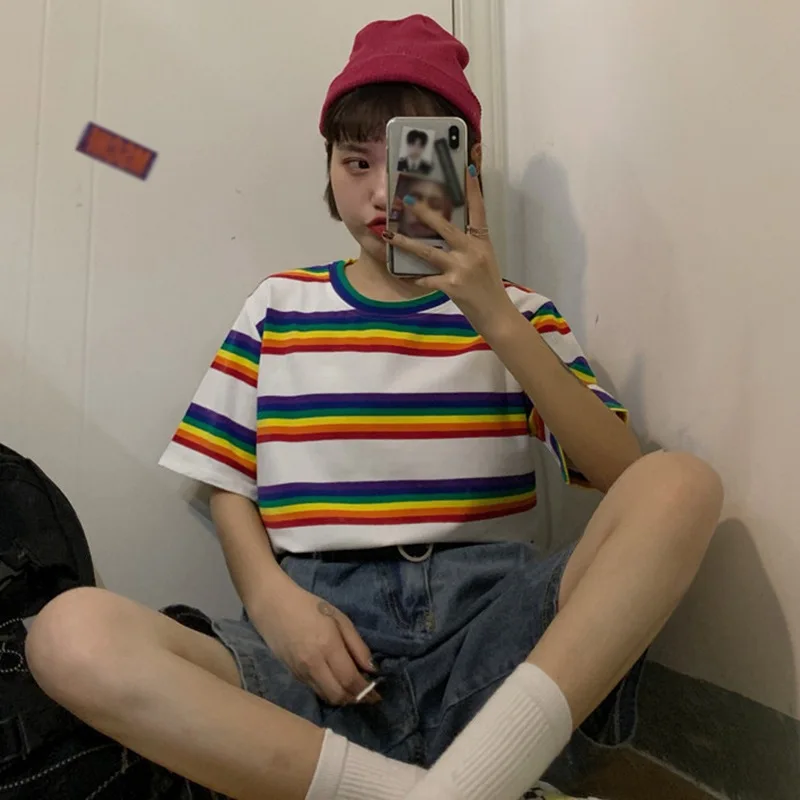

Summer Women Short Sleeve T-shirt Rainbow Striped O-Neck T Shirt Harajuku T-shirt Tops