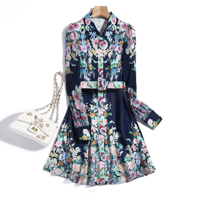 

Spring Designer Women'S Runway Fashion Vintage Elegant Flowers Print Lantern Sleeve Button Belted Gorgeous Casual Party Dress