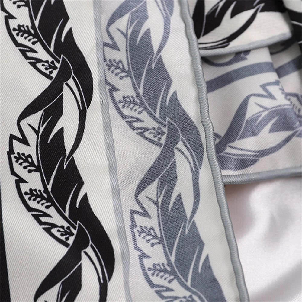 

90cm Manual Hand Rolled Twill Silk Scarf Women Leaves Print Square Scarves Wraps Echarpes Curled Foulards Female Bandana Hijabs