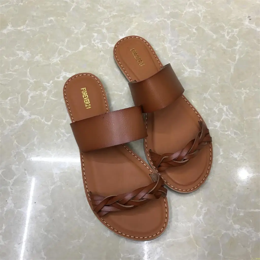 Factory direct women's leather solid color two-layer flat bottom beach seaside holiday fashion slippers | Обувь