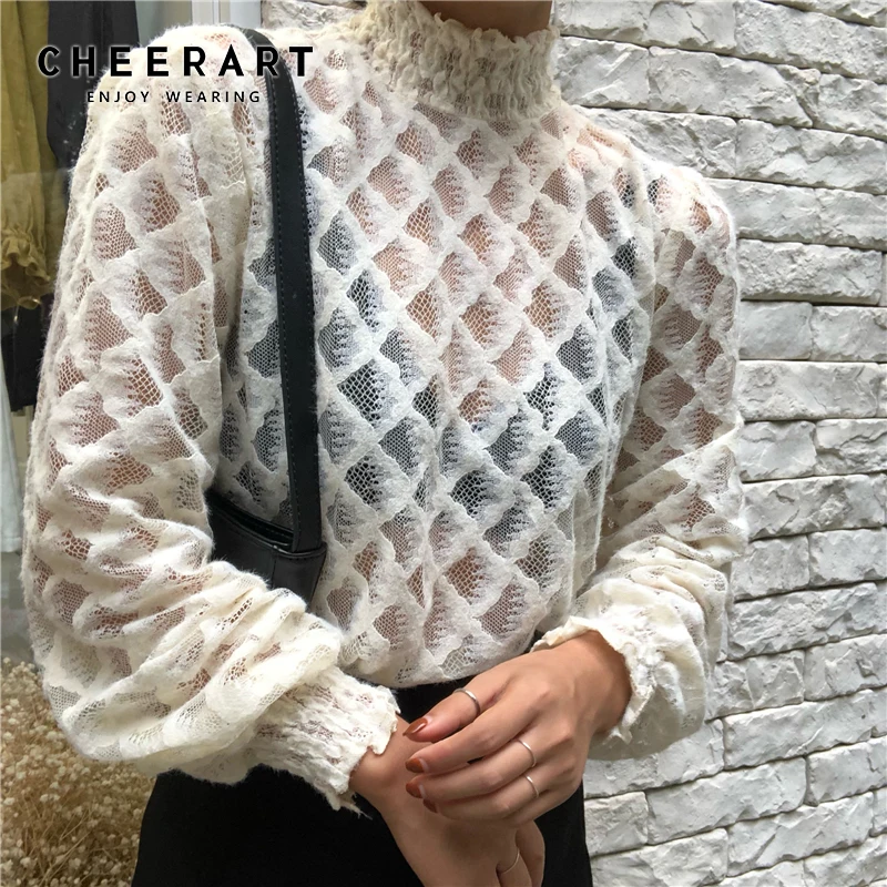 Женская прозрачная шифоновая блузка CHEERART белая черная с высоким воротником