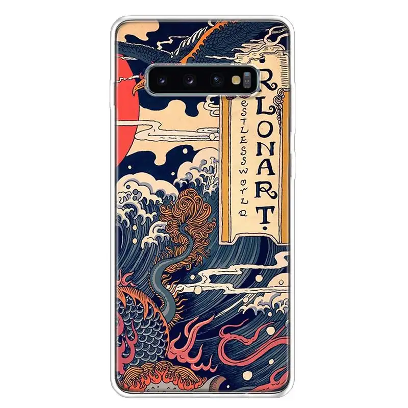 hot wave art japanese green illust phone case for samsung galaxy s20 fe s21 s22 ultra s10 lite s9 s8 plus s7 edge j4 art coque free global shipping