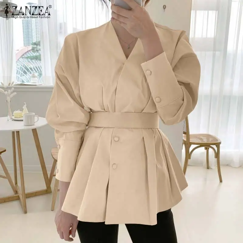 

2021 Autumn Fashion Solid Blouses Women's Elegant V Neck Tops ZANZEA Belted A Line Blusas Office Lady Oversized Chemise OL Shirt