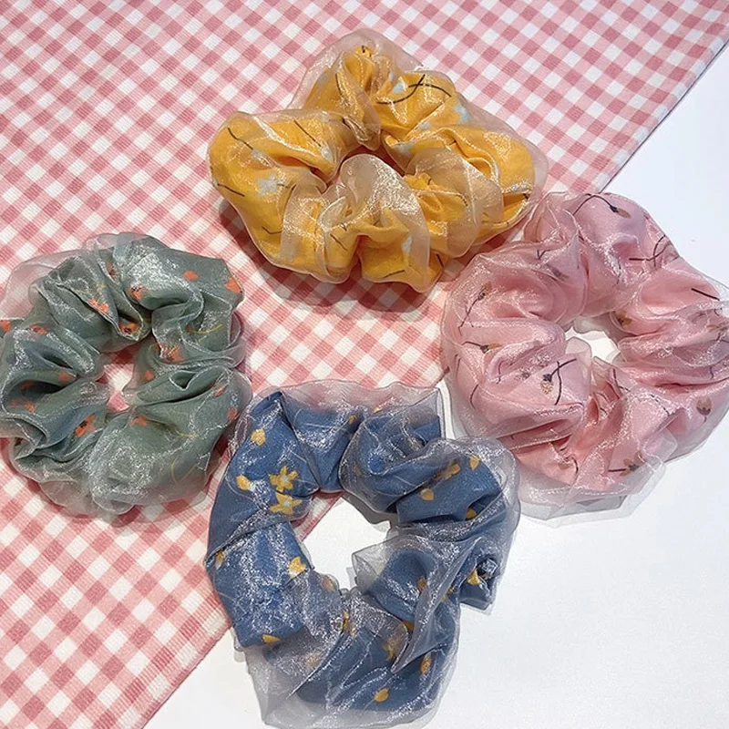 

1 PC Shiny Floral Print Chiffon Hair Scrunchies For Women Elastic Rubber Hair Bands Ropes Hair Accessories Girl Holder Hair Ties