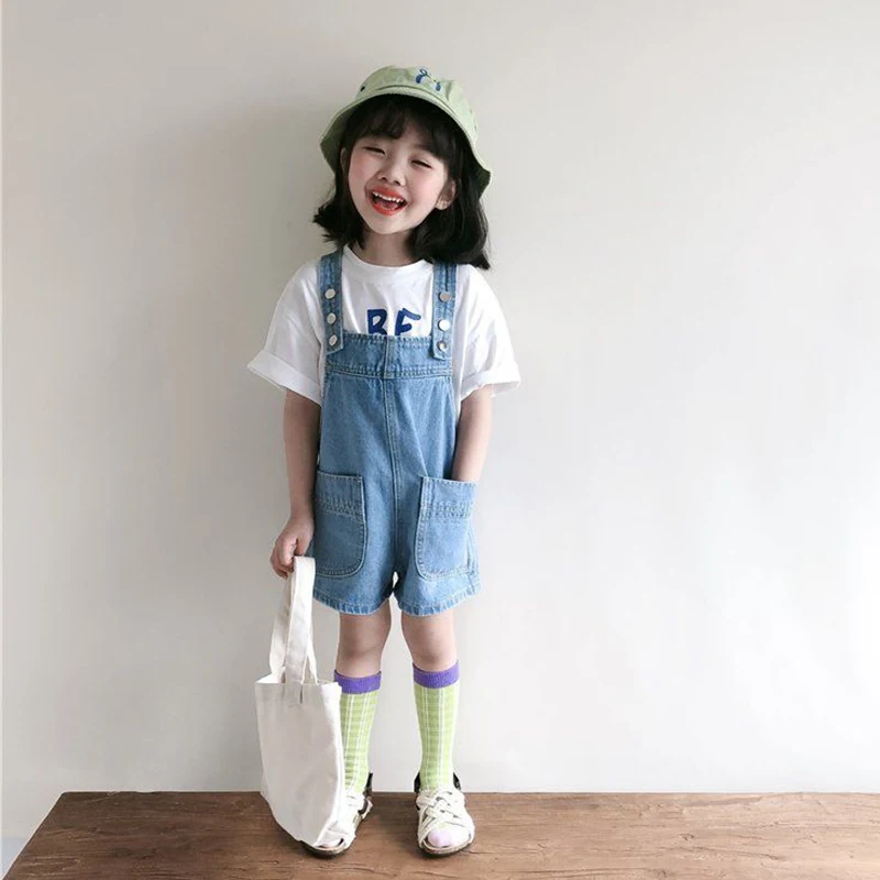 2023 New Summer Korean Style Girls Jumpsuit Cute Fashion Washed Jeans Denim Romper Straps Short Pants Boutique Overalls 2-8 Year