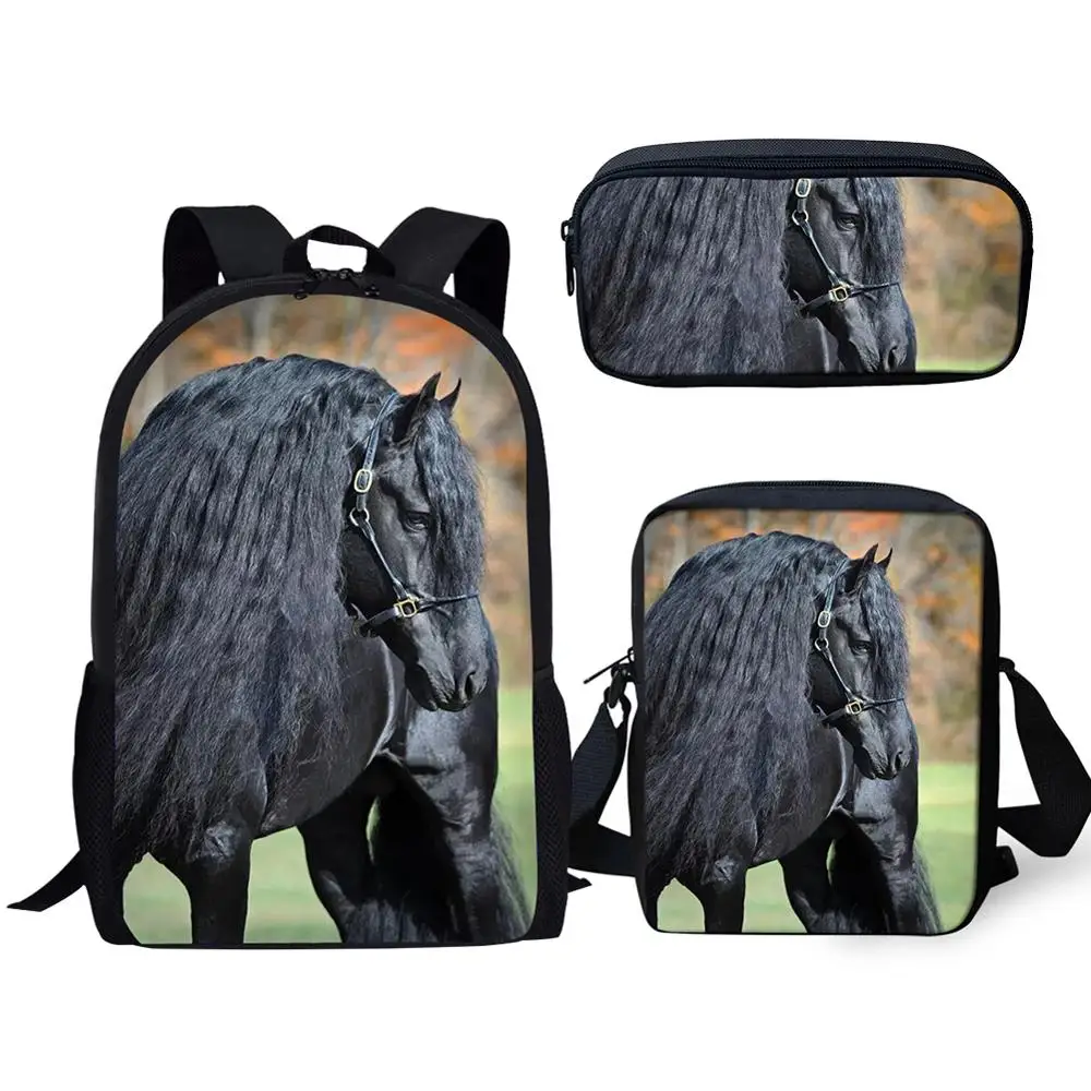 HaoYun 3PCs/Set Handsome Friesian Horse Print Pattern School Bag for Boys Teenager Girls Backpacks Child Students Travel Bagpack