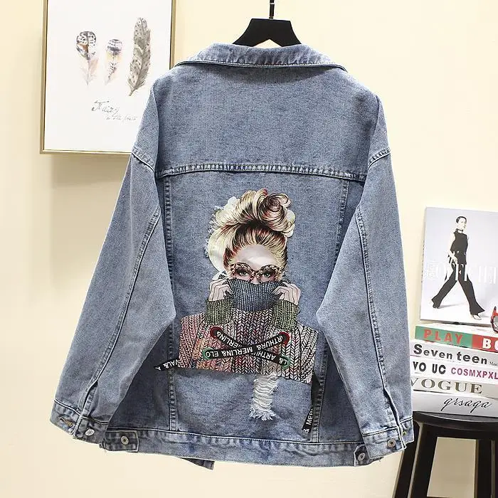 

Women Embroidery Flowers Denim Jacket Turn-down Collar Jean Jacket for Women Loose Casual Ripped Holes Jean Coat Female Outwear