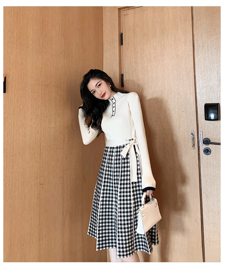 Elegant Splice Plaid With Belt Knitted Dress Women 2020 Spring Long Sleeve Casual Mid Dresses D9N710M | Женская одежда