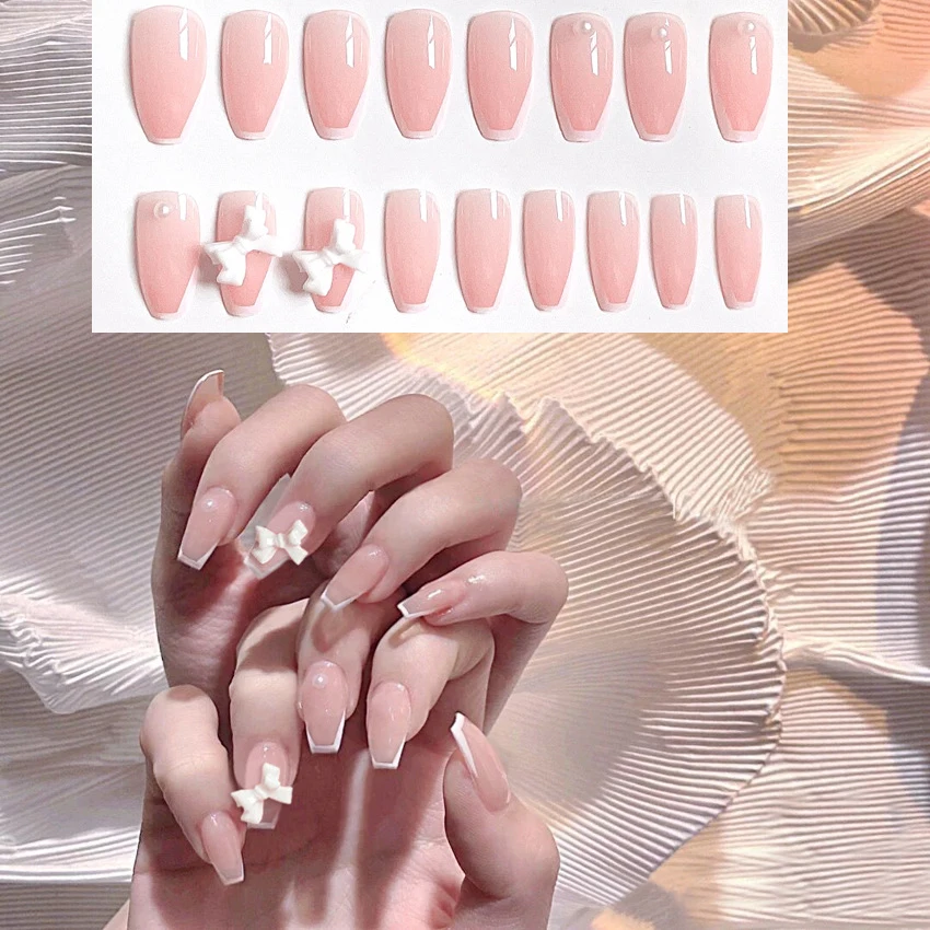 

Nail Sticker Fashion Bow White Border Wearing Manicure Pink French Fake Nail Removable Nail Sticker 24pcs/Set Elegant Cute