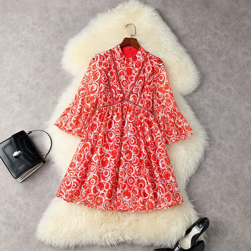 

Mini Dress 2021 Early Autumn Women's Clothing Ladies Gentle Printing Sequined Flare Seeve Slim Waist Hollow Out Red Lace Dress