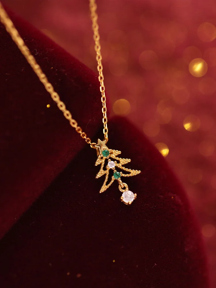 

Серебряное Ожерелье s925 с новой зеленой цепочкой до ключиц в стиле ретро, подвеска в виде рождественской елки, Женский праздничный подарок