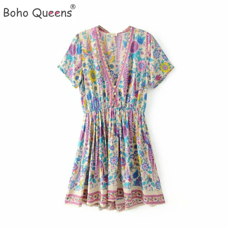 Женское мини платье с цветочным принтом V образным вырезом и коротким