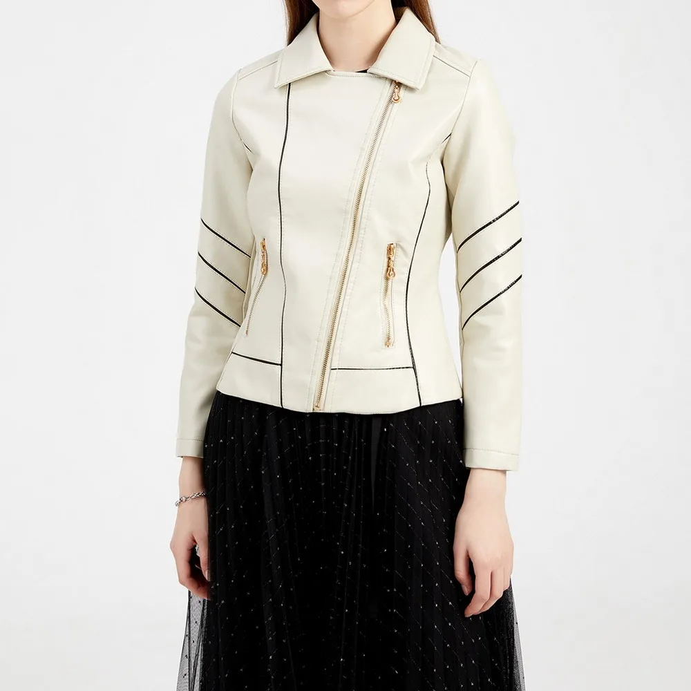 

2021 Autumn Winter Faux Pu Leather Jackets Women Stripe Outerwear Pocket Zipper Coat Slim Biker Jacket Red Black Womens Clothing