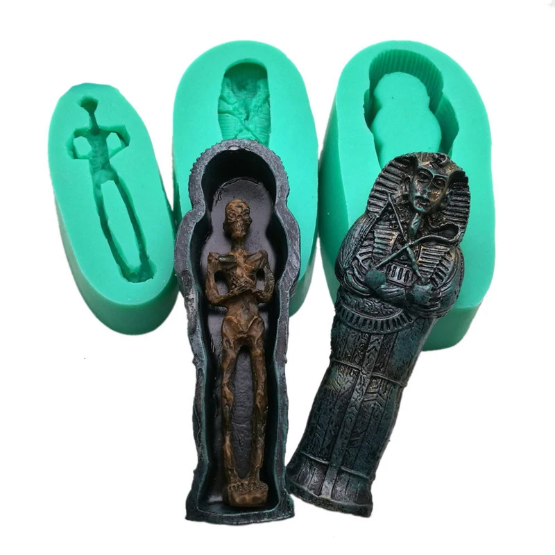 

3PCS/Set Halloween Resurrection Egyptian Pharaoh Coffin Bone Corpse Modeling Silicone Mold Scary Decorations Plaster Mold Tool