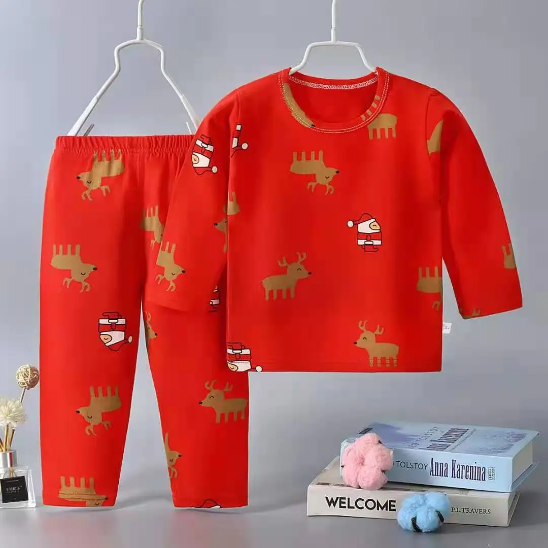 

Children comb cotton round collar cover head bright red underwear set New Year festival clothes boys and girls long Johns
