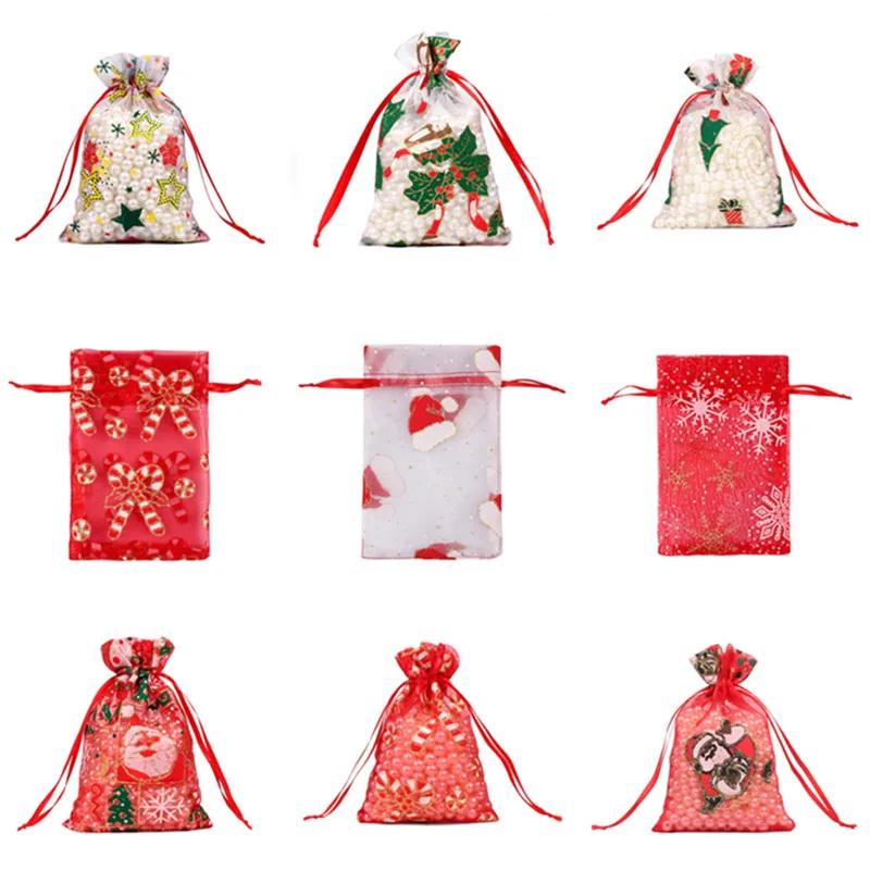

100 pieces of 10X15 13X18cm Christmas organza bag color printing gauze element jewelry bag packaging can be drawn out gift bag