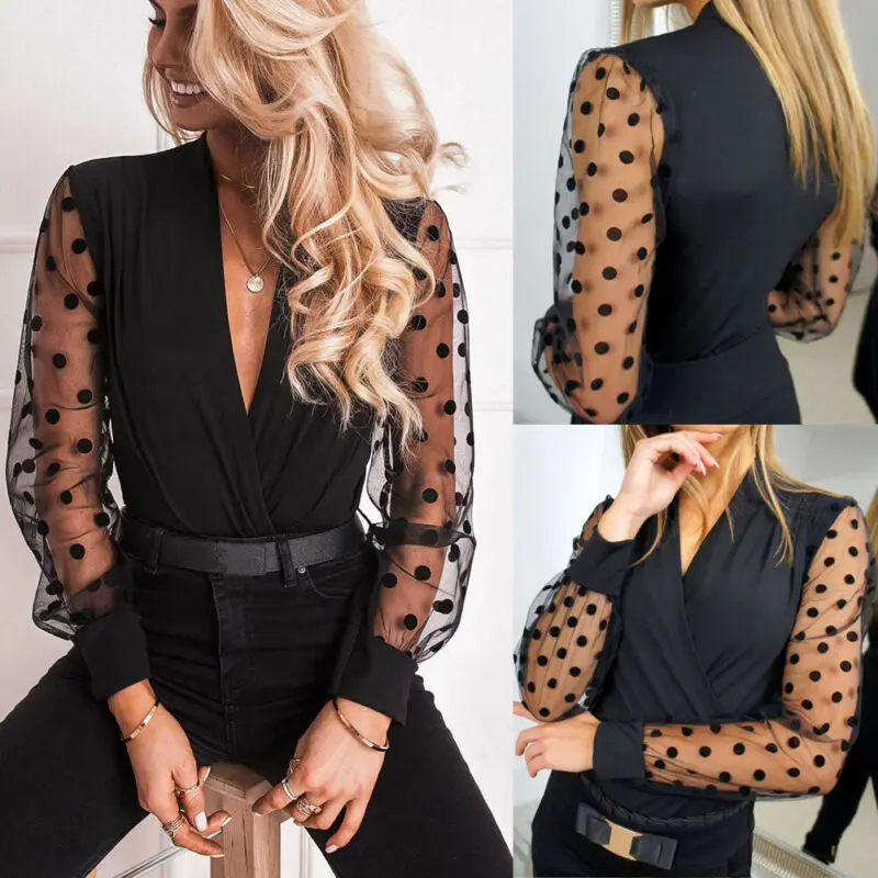

Fashion Women Blouse Ladies Mesh Puff Sleeve Dot Shirt Tops Pullover Sweater Blouse Casual Jumper Tee Top
