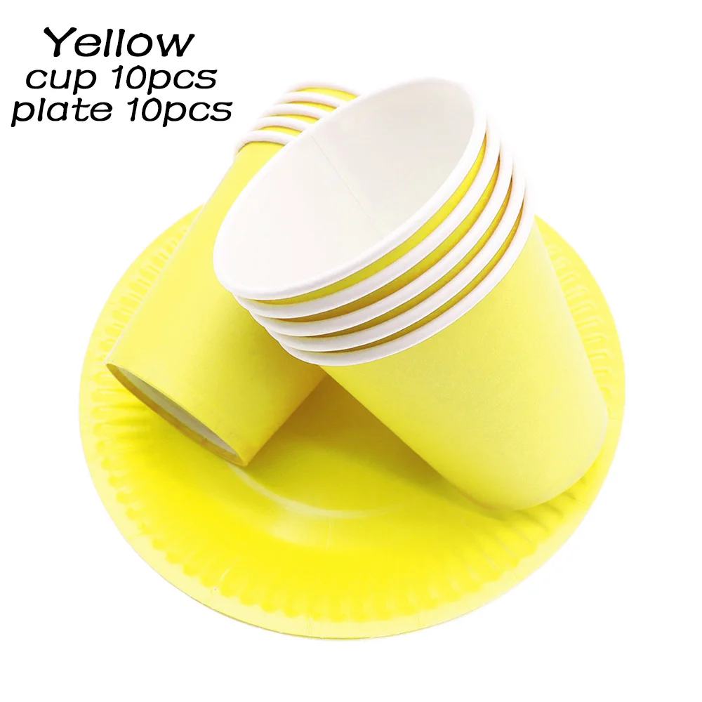 yellow 20pcs set Однотонные бумажные тарелки и стаканы, одноразовые столовые приборы, рождественские украшения для дня рождения, Детские Свадебные розовые украшения, подарок подружки невесты - Цвет: yellow 20pcs set