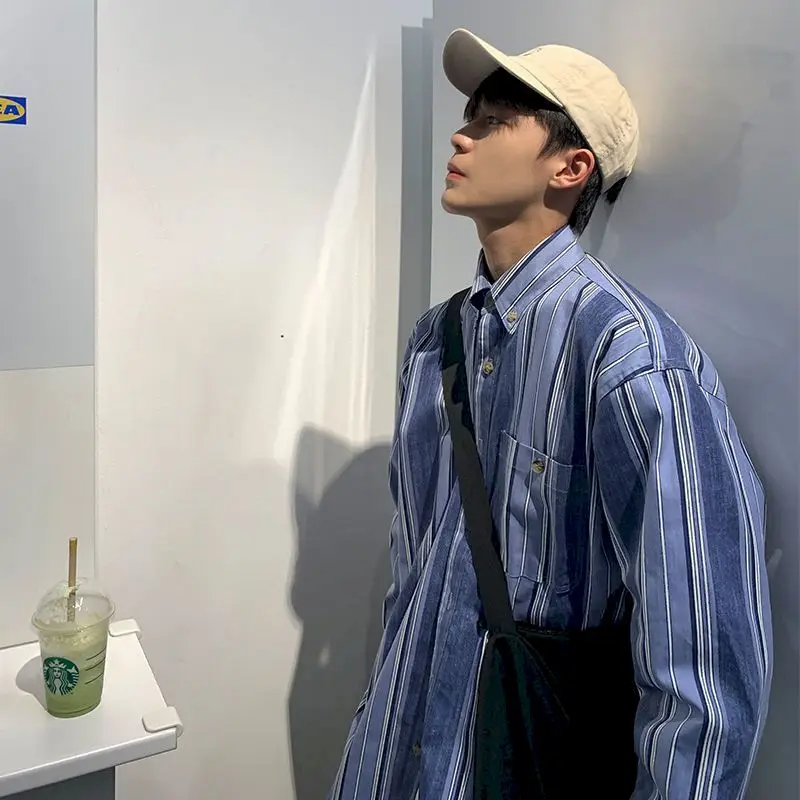 

Harajuku men's shirt striped blouse blue long sleeve spring summer 2021 new clothes Korean fashion streetwear casual overalls