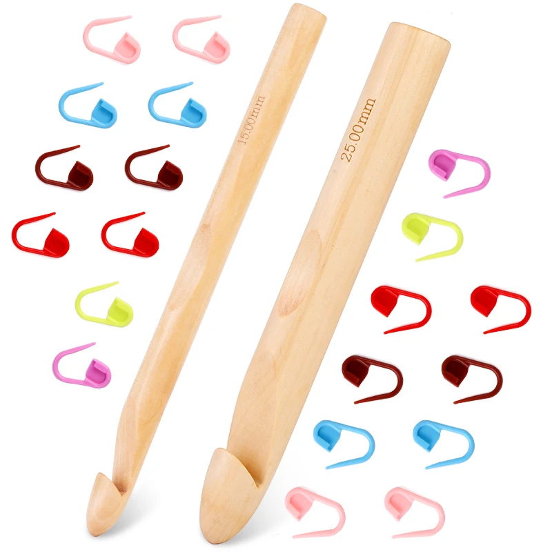 

LMDZ Wooden Crochet Hooks,15/25mm Wooden Handle Crochet Hook with 10 pcs Knitting Stitch Markers for Handcraft Crocheting