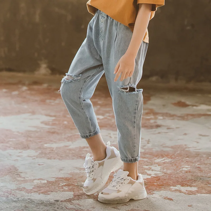 Джинсы с завышенной талией для девочек облегающие рваные брюки повседневные