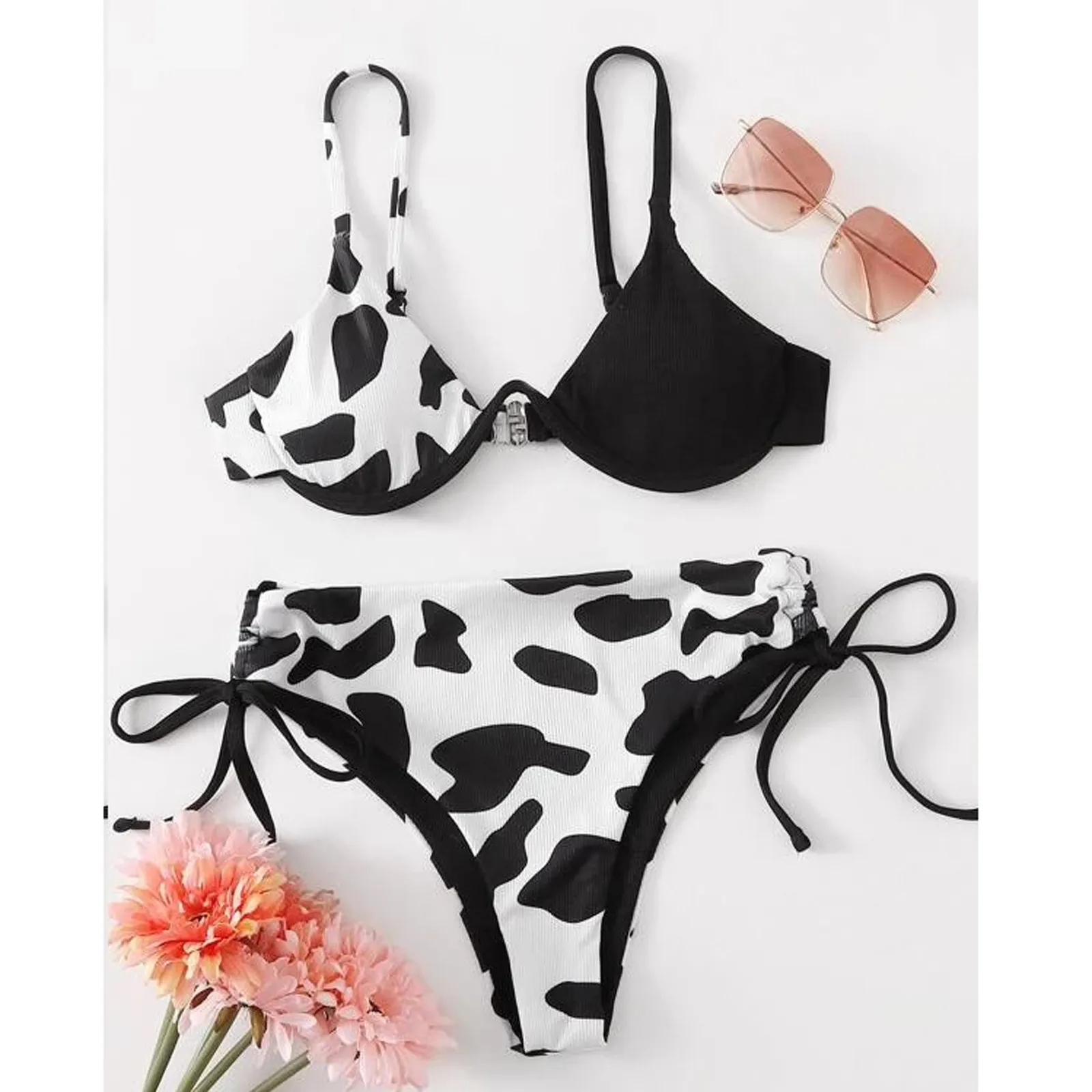 

Cow Print V-bar Bikini Set Drawstring Micro Swimsuit Backless Low Cut Swimwear Mid Waist Bather Sexy Bathing Suit Female A50