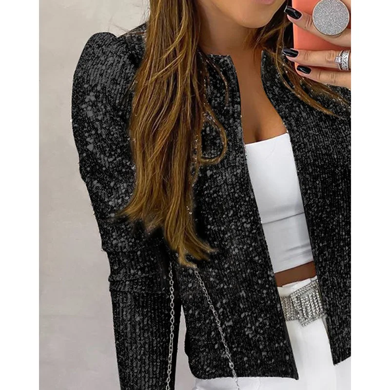 

Long Sleeve Open Front Sequin Coat Women Slim Fit Sequined Jacket Spring Fashion Open Stitch Coats