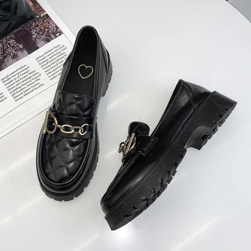 

2021 Spring New Fashion Black Leather Shoes Women Round Toe Slip-On Solid Color Flats Female Casual Soft Sole Work Shoes Woman