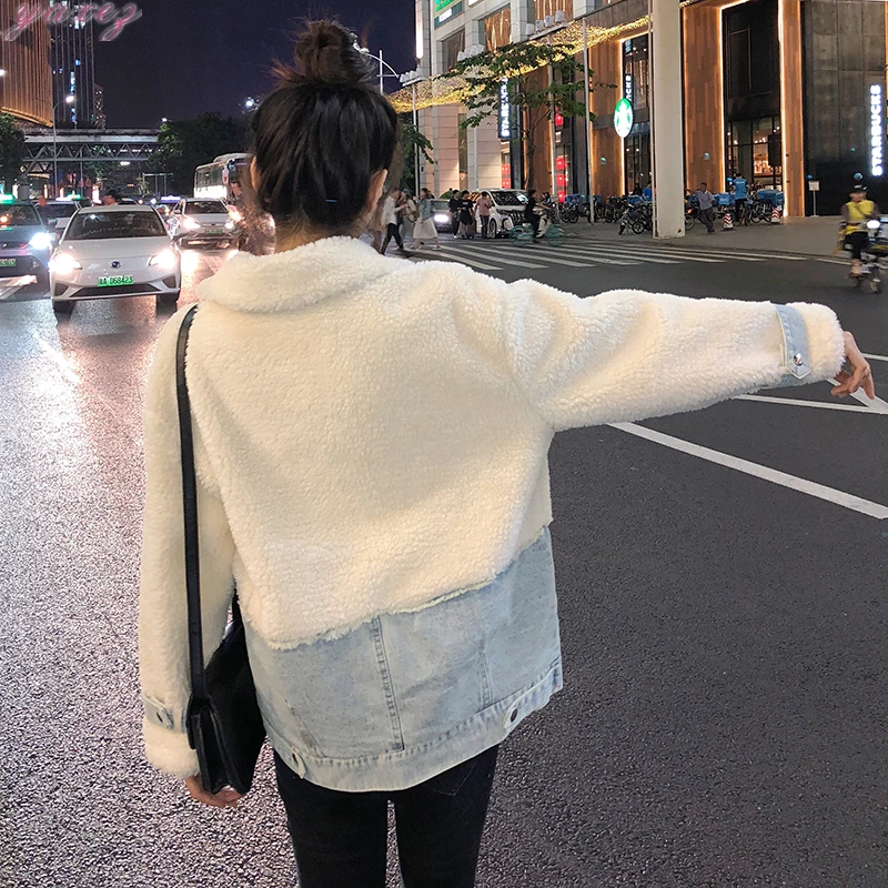 

2019 Apparent Lean Lead Locomotive Imitate Lamb Mao Pinjie Cotton Cowboy Thickening Student Loose Coat Woman