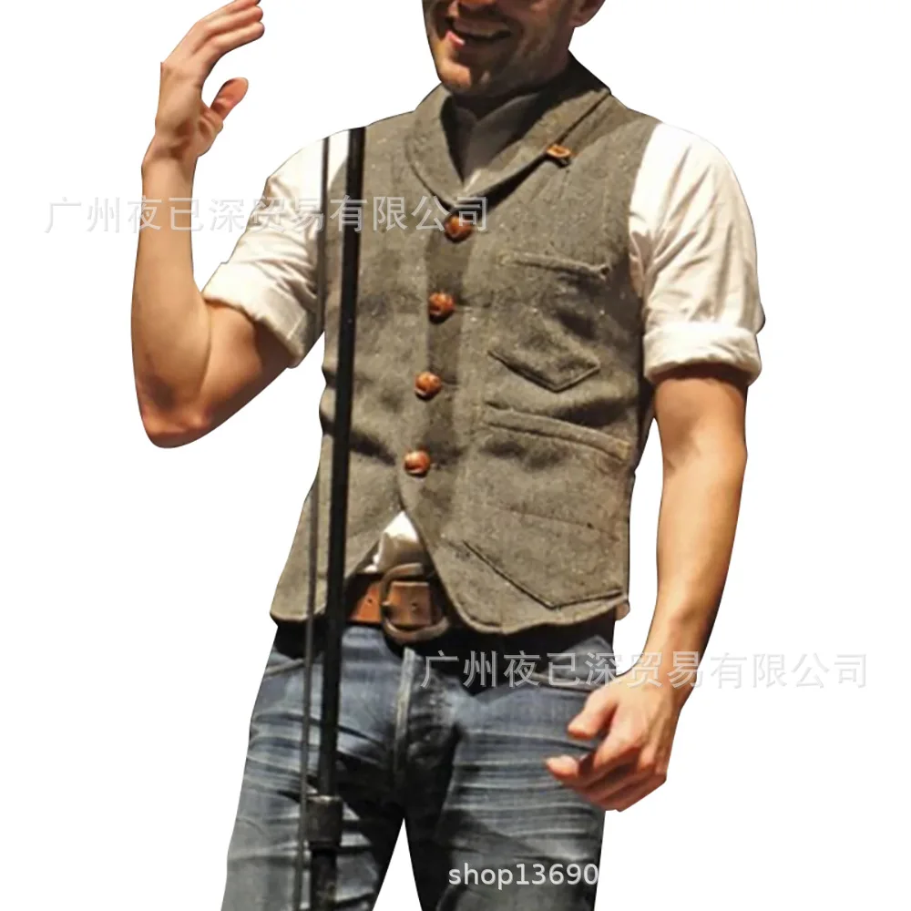 

Men's Wool Tweed Slim Fit Leisure Cotton Suit Burgundy Vest Gentleman Herringbone Business Brown Waistcoat For Wedding Groom