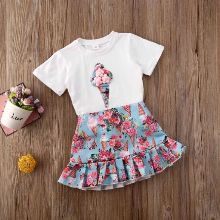Женский летний комплект одежды для маленьких девочек верх с принтом мороженого и