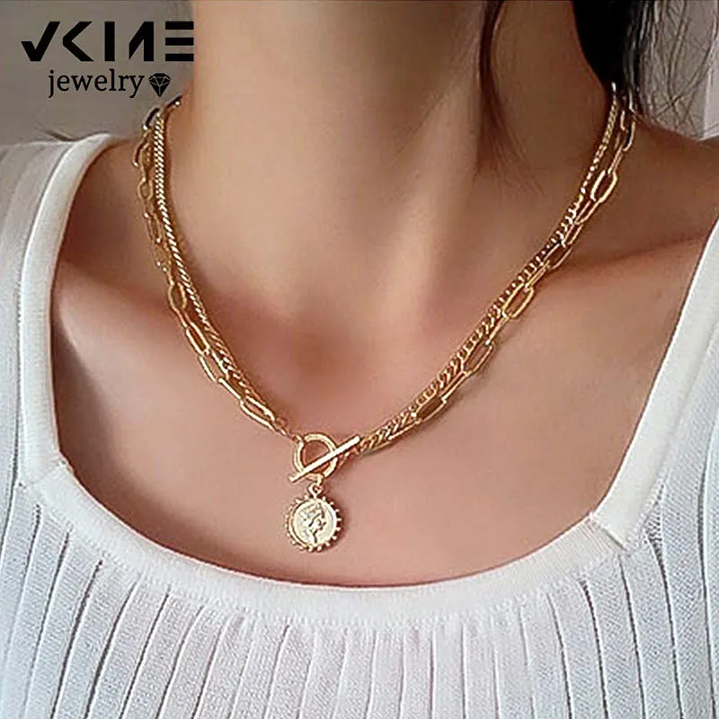 

VKME Vintage Wedding Chain Choker Necklace For Women Geometric Sun Coin Multilayer Pendant Necklaces Jewelry Party gift