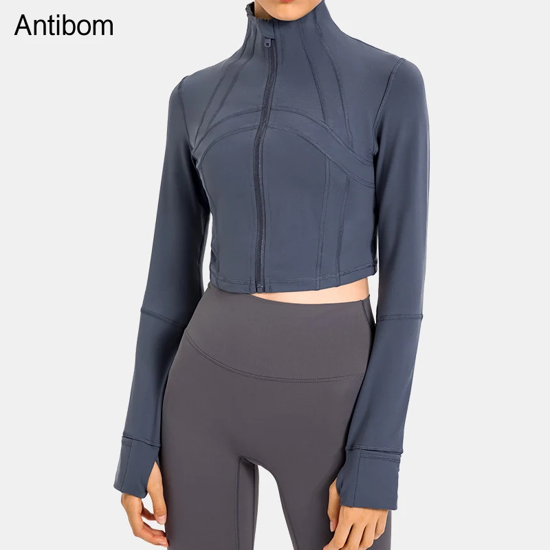 

Antibom Women's Jacket Zipper Yoga Coat Fitness Gym Sport Crop Top Thumb Hole Long Sleeve Running Training Sweatwear Quick Dry
