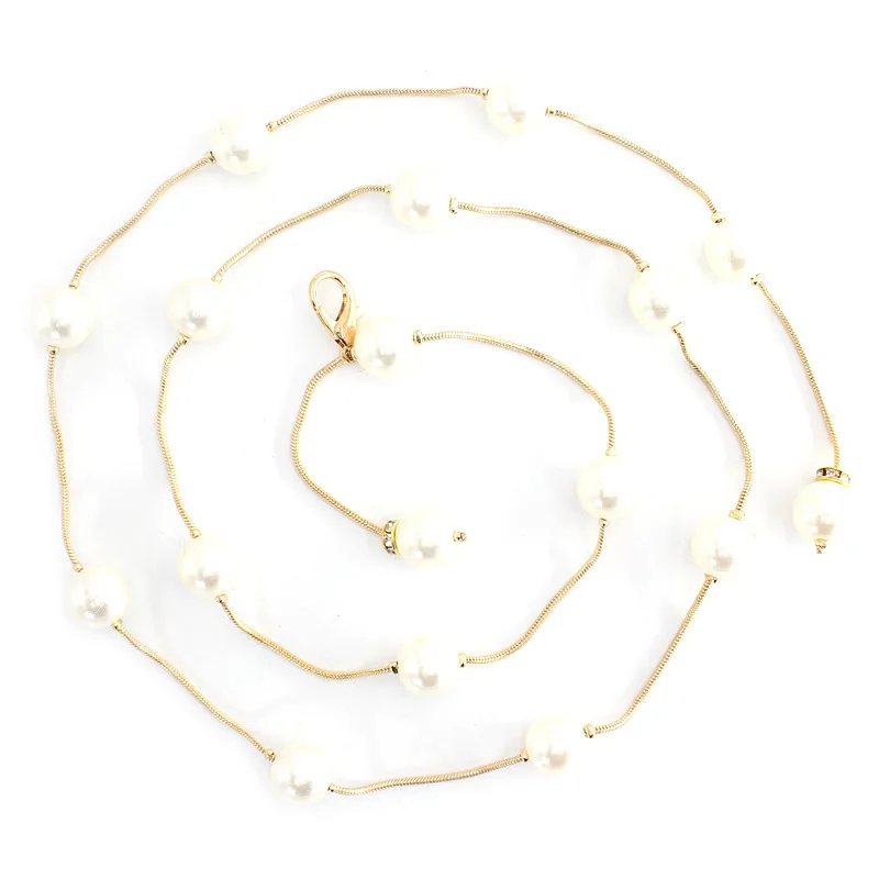 

Fashion Rhinestone Sweet Pearl Thin Waist Chain Belts For Women Dresses Sweater Female Ladies Luxury Metal