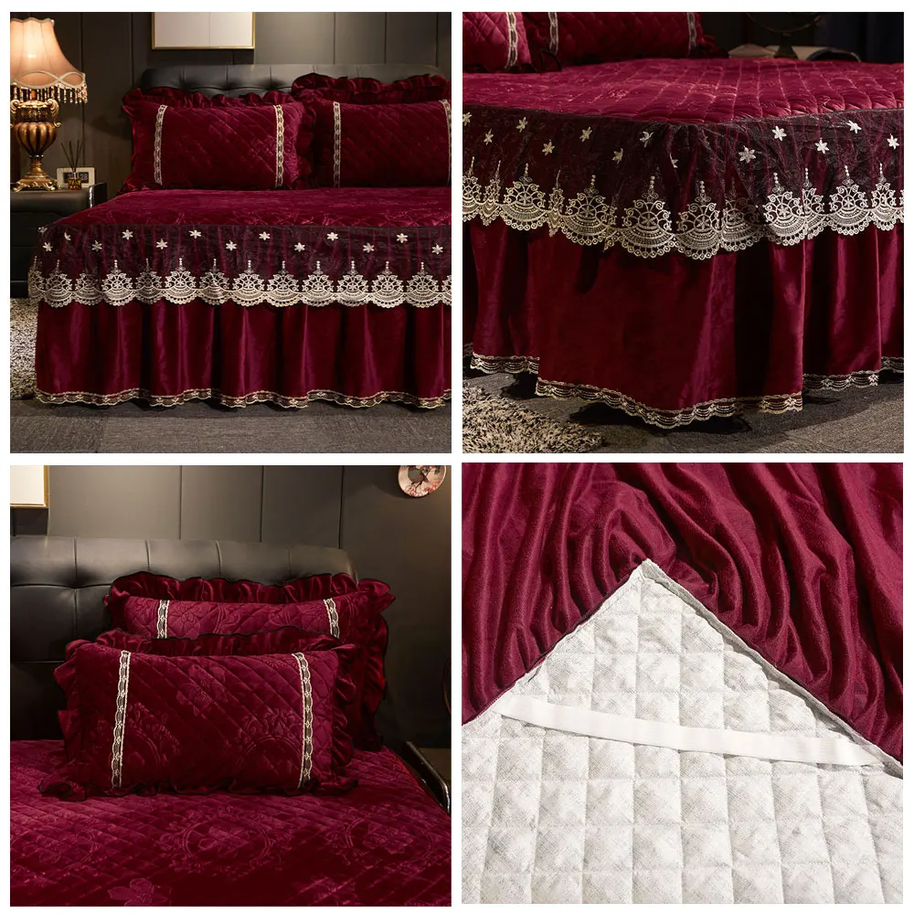 european embroidery lace velvet bedspread ruffle queen double embossed quilted bed cover king bedskirt set soft warm 3pcs free global shipping