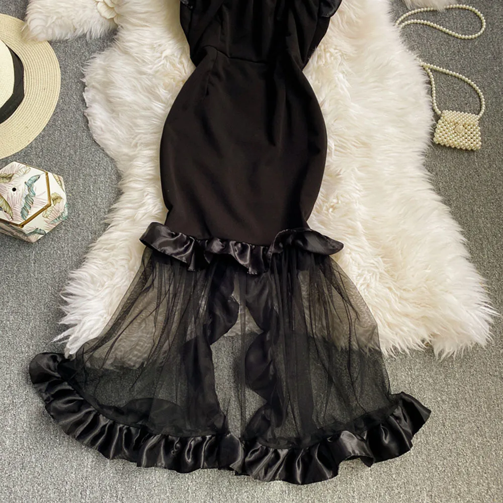 Женское многослойное платье макси с оборками элегантное вечернее прозрачное