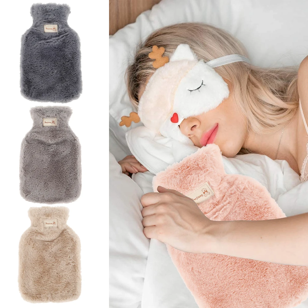 

Winter Hot Water Bottles with Pure Natural Rubber Cosy Fluffy Plush Faux Fur Grey Cover for Back, Neck, Waist,Hand, Bed Warm