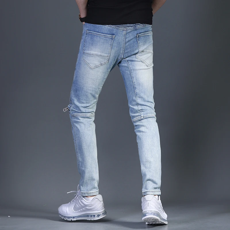 Summer Men's Light Blue Biker Jeans Fashion Slim Fit Denim Pants
