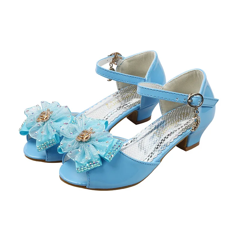 

Сандалии с открытым носком для девочек, обувь принцессы из лакированной кожи, на высоком каблуке, с кристаллами и цветами, Нескользящие, лет...