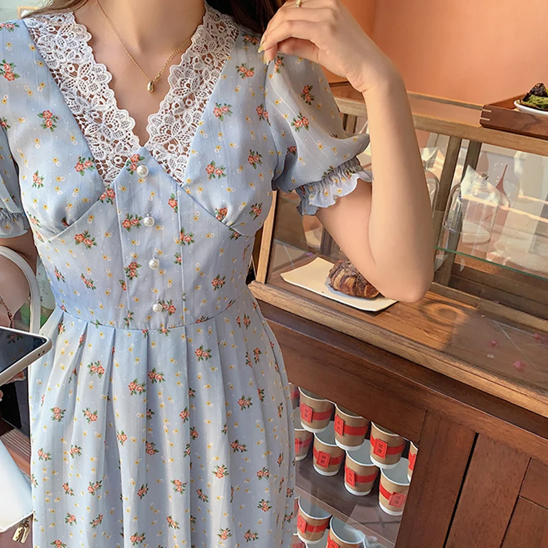 

Kawaii High Quality Print Chiffon Dress Floral V Neck Short Sleeve Women Summer Dresses A-Line Sweet High Waist