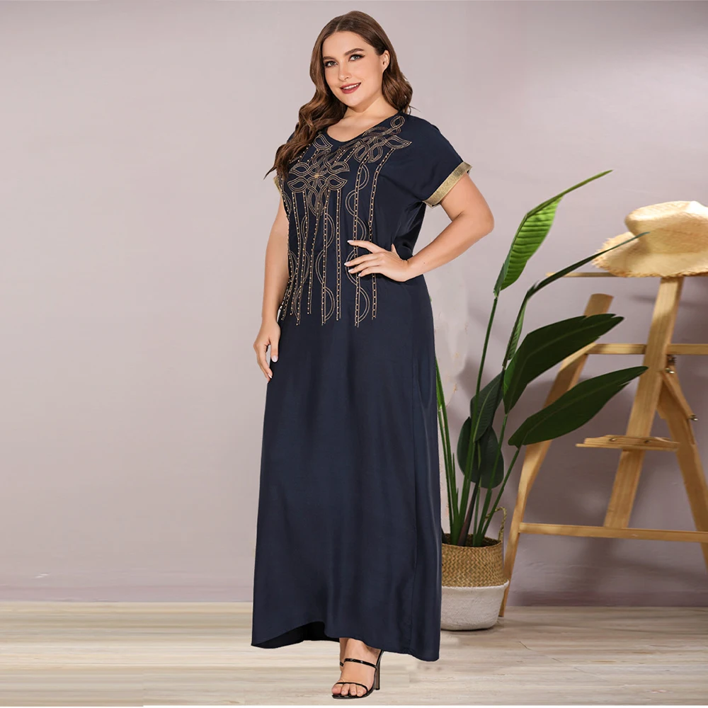 

Embroidered Beaded Navy Loose Short Sleeve Female Clothes Summer 2020 Women Maxi Dress Vintage Ethnic Casual Plus Size