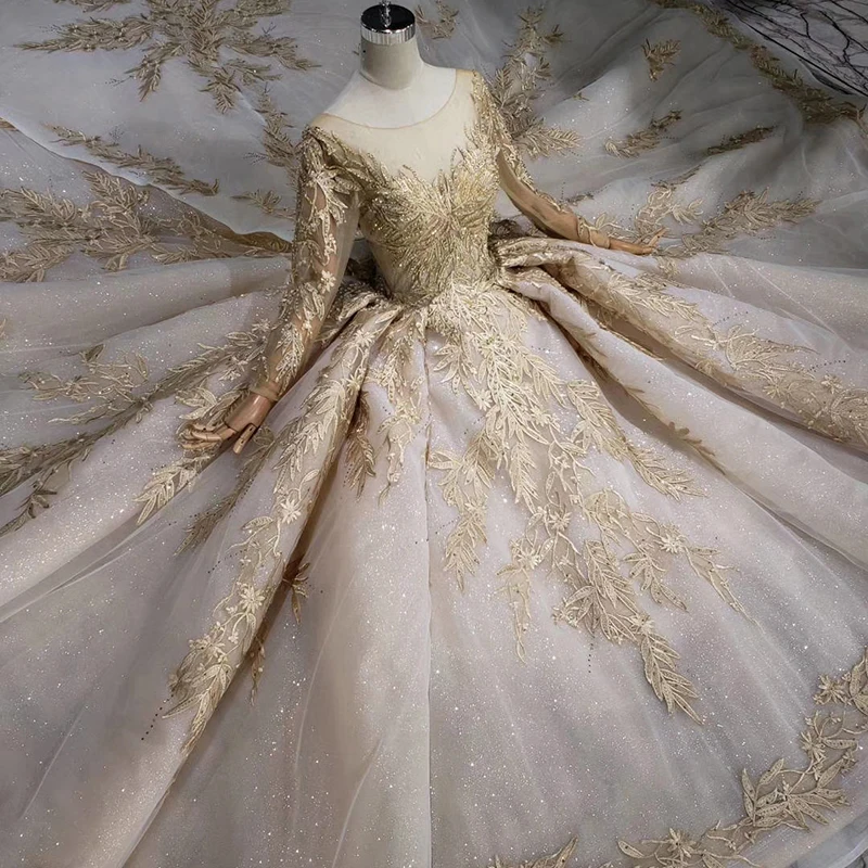LS11555 Luxury Wedding Dress With Veil Backless Handmade Champagne Golden Lace Bridal Gown Long Train | Свадьбы и торжества