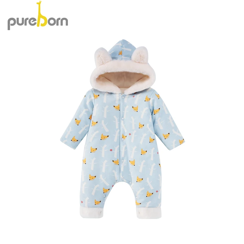 Pureborn комбинезон для младенцев мальчиков девочек Комбинезон утепленный с капюшоном флис полиэстер длинный рукав мультфильм лиса без ног одежда зимняя одежда