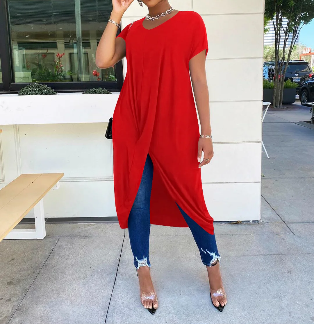 

Women Summer Casual Tops Long Bag Hip Loose Solid Color Short-Sleeved Top Women Blouse Round Neck Thin Black Blouse