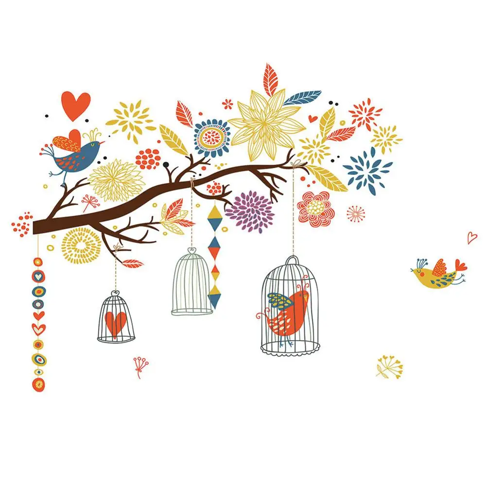 

Colorful branch bird cage Wall Sticker living room bedroom home decoration kids rooms art decals wallpaper Creative Stickers