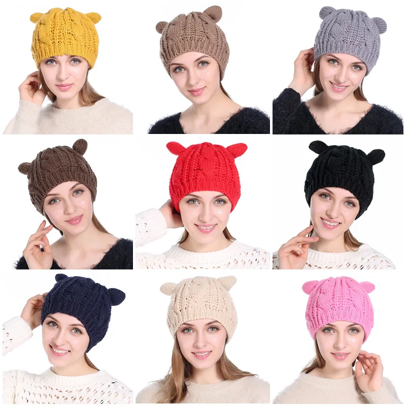 

New Cat Beanie Knitted Hats for Women Skullies Beanies Hat Chapeau Casquette Femme Bonnet Gorras Para Mujer Cap Gorros Gorro